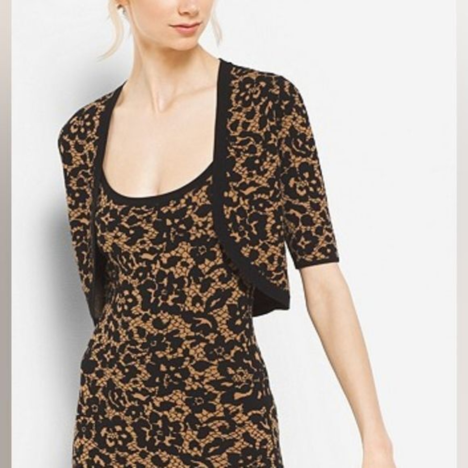 Michael Kors Collection Black & Tan Floral Stretch-Viscose Cropped Shrug